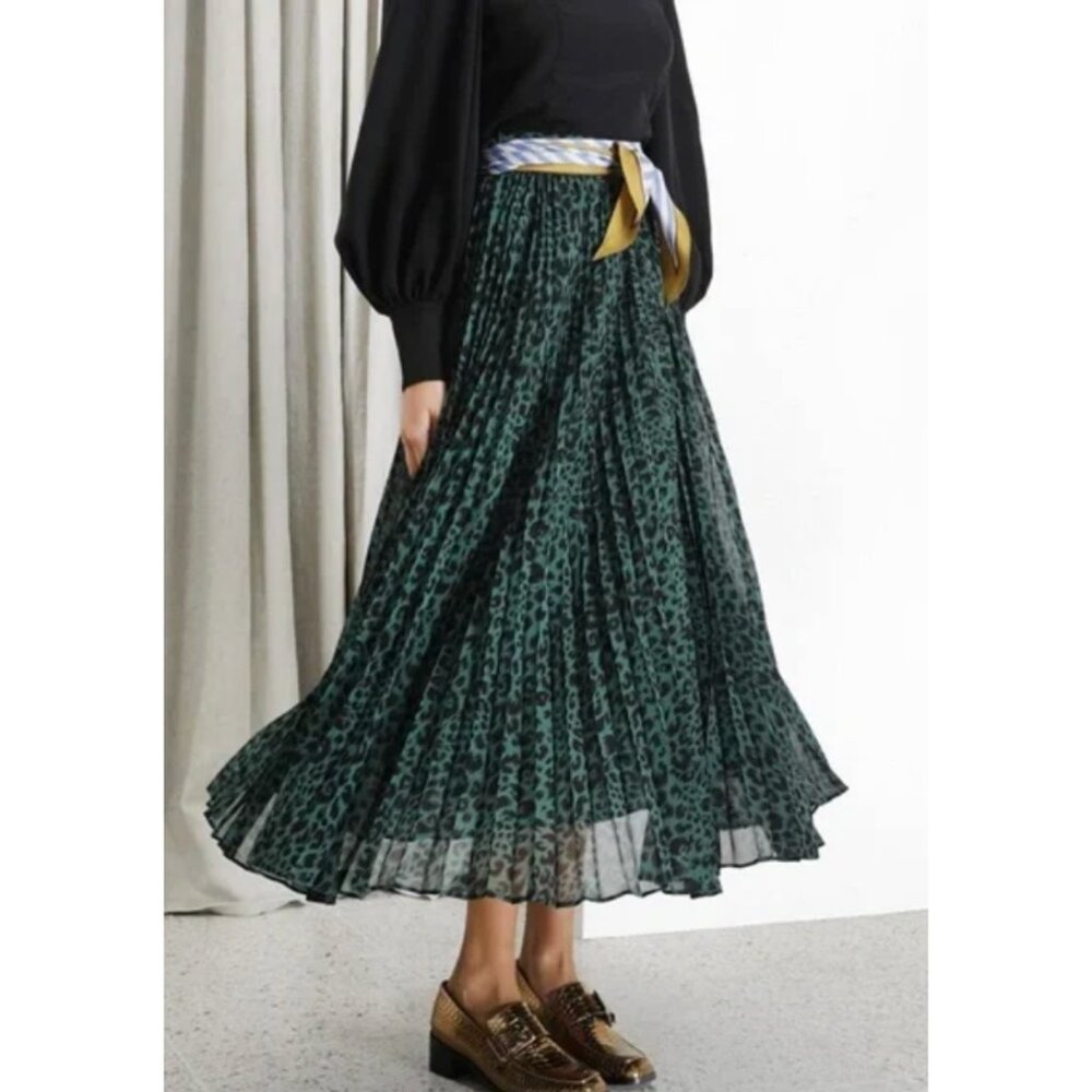 ZIMMERMANN Sunray Pleated Midi Skirt in Leopard Print Green Maximalist Luxury